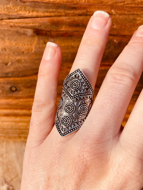 Silver Boho Ring Ethnic / Rustic / Festival / Tribal / Hippie / Gypsy / Psy / Thumb / Gift or Her / Engraved Design / Bohemian