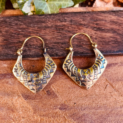 Brass Afghani Hoop Earrings; Ethnic, Geometric, Small, Rustic, Yoga, Hippie, Gypsy, Pretty, Ssy, Boho, Bohemian, Festival