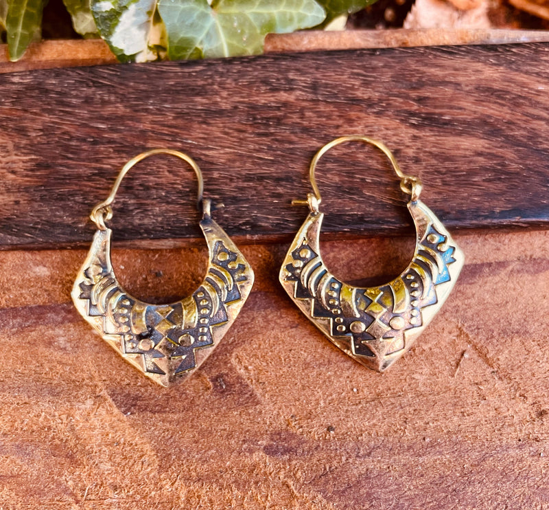 Brass Afghani Hoop Earrings; Ethnic, Geometric, Small, Rustic, Yoga, Hippie, Gypsy, Pretty, Ssy, Boho, Bohemian, Festival