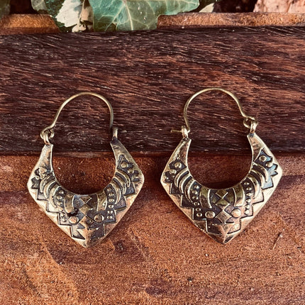 Brass Afghani Hoop Earrings; Ethnic, Geometric, Small, Rustic, Yoga, Hippie, Gypsy, Pretty, Ssy, Boho, Bohemian, Festival