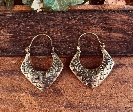 Brass Afghani Hoop Earrings; Ethnic, Geometric, Small, Rustic, Yoga, Hippie, Gypsy, Pretty, Ssy, Boho, Bohemian, Festival