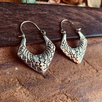 Silver Afghani Hoop Earrings; Ethnic, Geometric, Small, Rustic, Yoga, Hippie, Gypsy, Pretty, Ssy, Boho, Bohemian, Festival