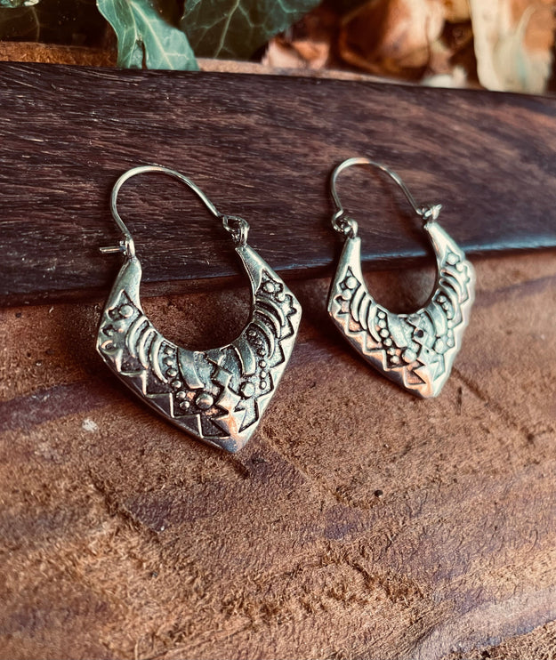 Silver Afghani Hoop Earrings; Ethnic, Geometric, Small, Rustic, Yoga, Hippie, Gypsy, Pretty, Ssy, Boho, Bohemian, Festival