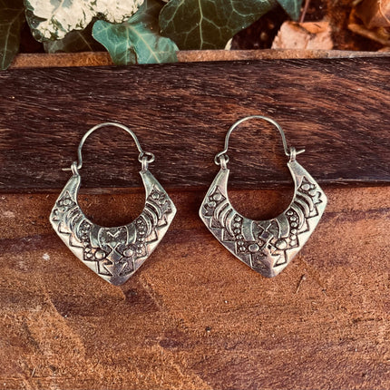 Silver Afghani Hoop Earrings; Ethnic, Geometric, Small, Rustic, Yoga, Hippie, Gypsy, Pretty, Ssy, Boho, Bohemian, Festival