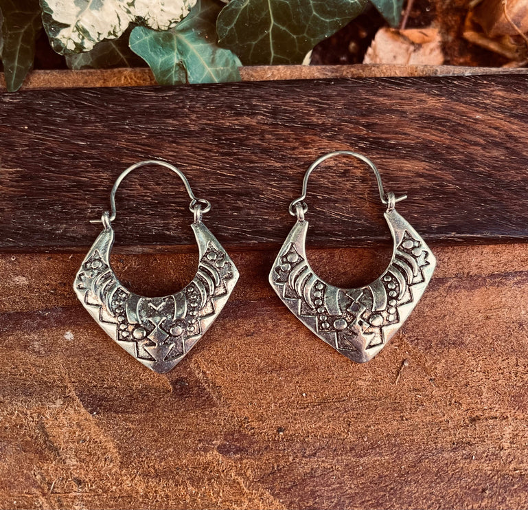 Silver Afghani Hoop Earrings; Ethnic, Geometric, Small, Rustic, Yoga, Hippie, Gypsy, Pretty, Ssy, Boho, Bohemian, Festival