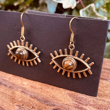 Evil Eye Earrings Tiger's Eye Brass / Protection / Boho / Bohemian / Psy / Rustic / Tribal / Gypsy / Festival / Healing / Festival