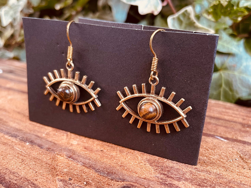 Evil Eye Earrings Tiger's Eye Brass / Protection / Boho / Bohemian / Psy / Rustic / Tribal / Gypsy / Festival / Healing / Festival