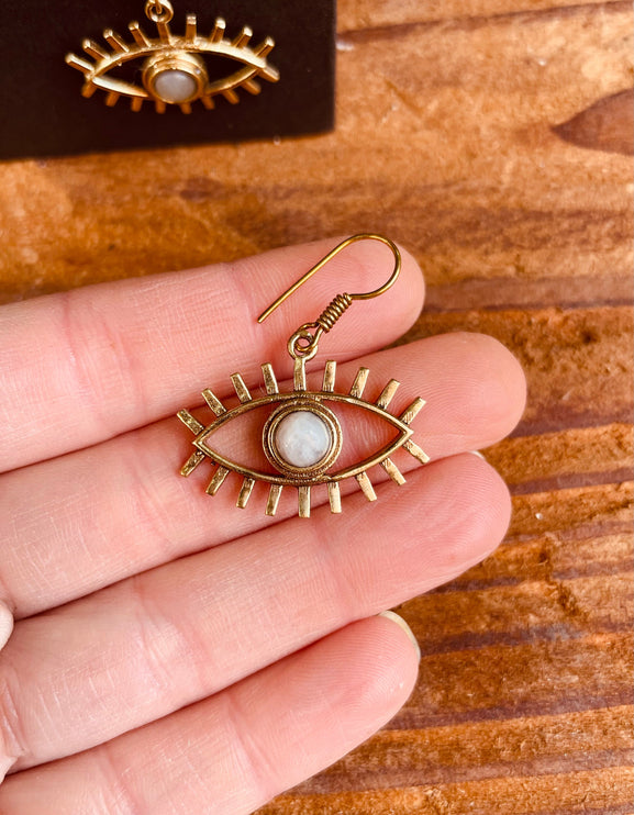 Evil Eye Earrings Moonstone Brass / Protection / Boho / Bohemian / Psy / Rustic / Tribal / Gypsy / Festival / Healing / Festival