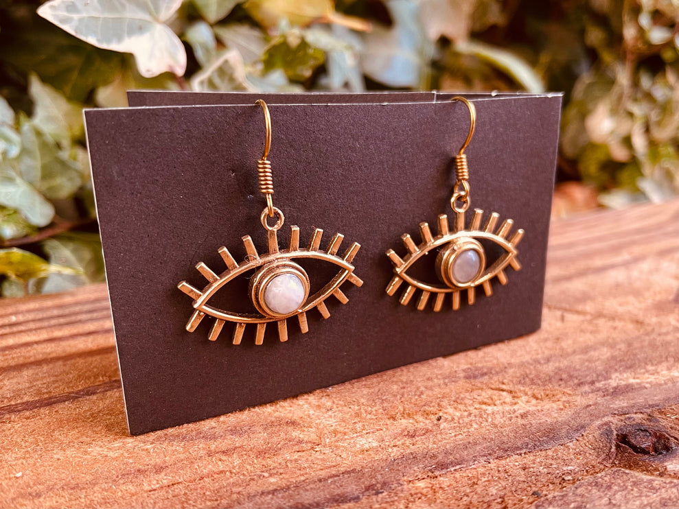 Evil Eye Earrings Moonstone Brass / Protection / Boho / Bohemian / Psy / Rustic / Tribal / Gypsy / Festival / Healing / Festival