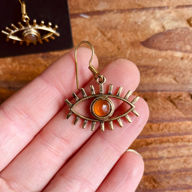 Evil Eye Earrings Amber Stones Brass / Protection / Boho / Bohemian / Psy / Rustic / Tribal / Gypsy / Festival / Healing / Festival