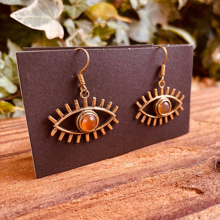 Evil Eye Earrings Amber Stones Brass / Protection / Boho / Bohemian / Psy / Rustic / Tribal / Gypsy / Festival / Healing / Festival