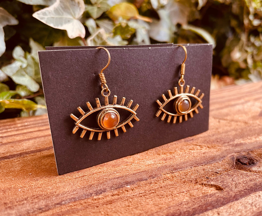 Evil Eye Earrings Amber Stones Brass / Protection / Boho / Bohemian / Psy / Rustic / Tribal / Gypsy / Festival / Healing / Festival