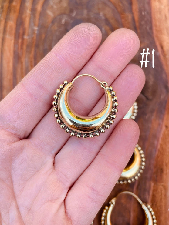 Gold Chunky Hoop Earrings / Brass Ball Detail / Ethnic / Rustic / Bohemian / Gold / Gypsy / Spiral / Hippie / Chunky / Festival / style