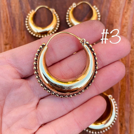 Gold Chunky Hoop Earrings / Brass Ball Detail / Ethnic / Rustic / Bohemian / Gold / Gypsy / Spiral / Hippie / Chunky / Festival / style