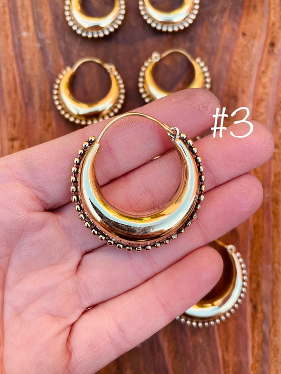 Gold Chunky Hoop Earrings / Brass Ball Detail / Ethnic / Rustic / Bohemian / Gold / Gypsy / Spiral / Hippie / Chunky / Festival / style