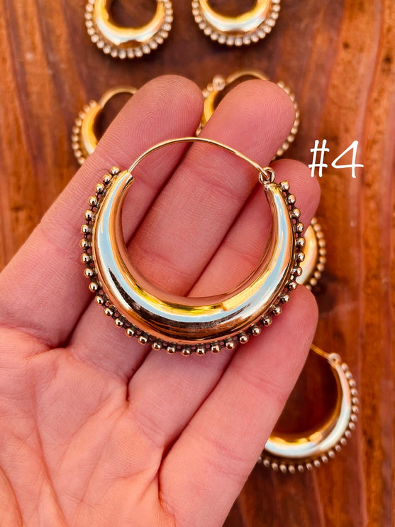 Gold Chunky Hoop Earrings / Brass Ball Detail / Ethnic / Rustic / Bohemian / Gold / Gypsy / Spiral / Hippie / Chunky / Festival / style