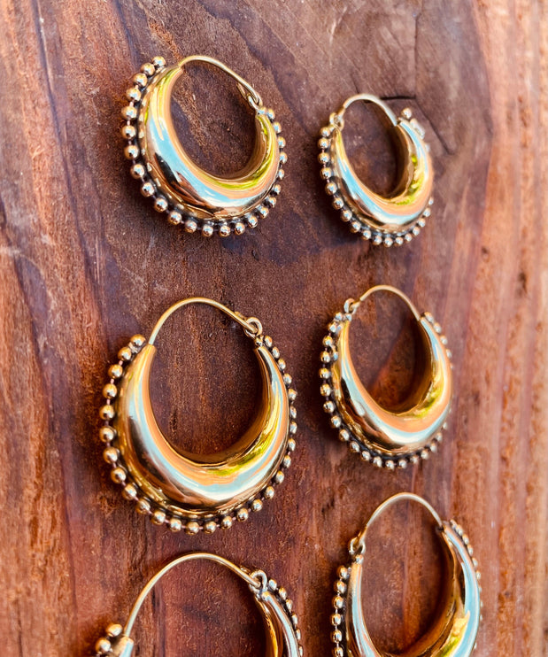 Gold Chunky Hoop Earrings / Brass Ball Detail / Ethnic / Rustic / Bohemian / Gold / Gypsy / Spiral / Hippie / Chunky / Festival / style