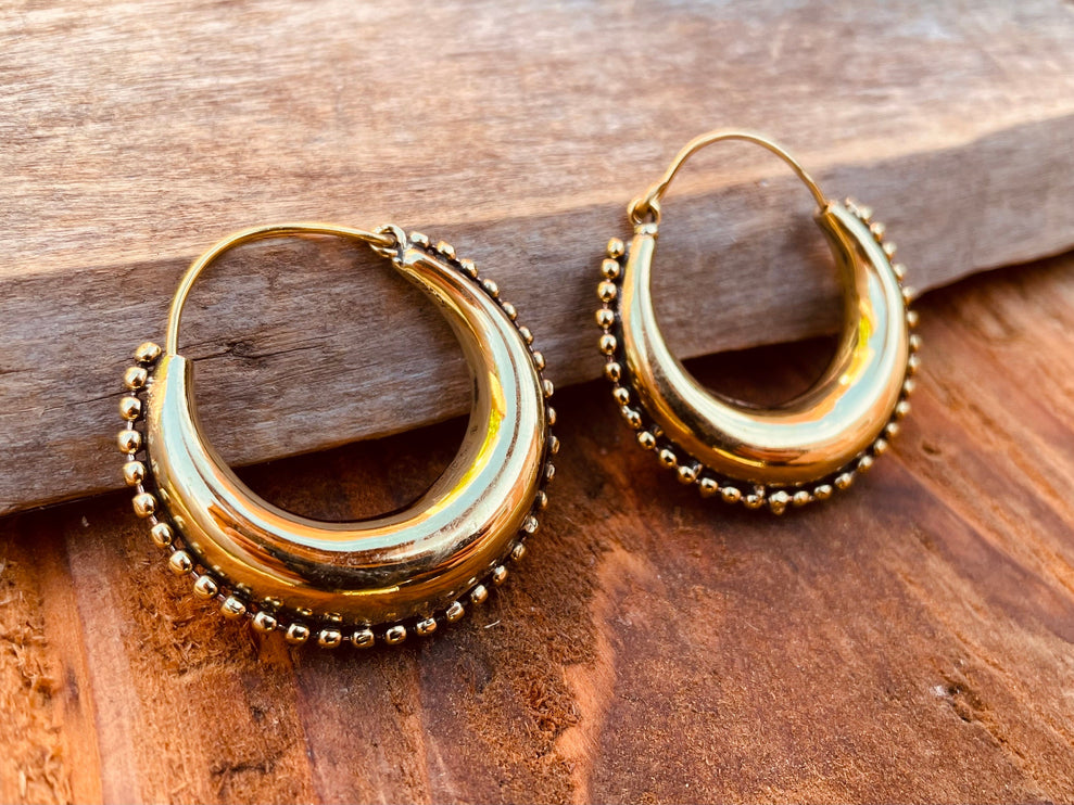 Gold Chunky Hoop Earrings / Brass Ball Detail / Ethnic / Rustic / Bohemian / Gold / Gypsy / Spiral / Hippie / Chunky / Festival / style