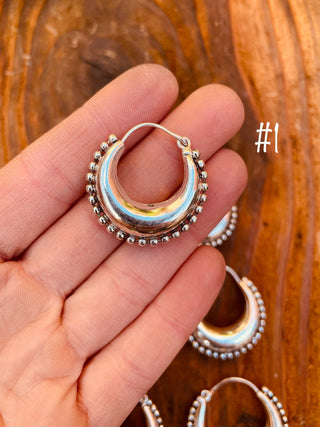 Silver Chunky Hoop Earrings Multi Size, Ethnic Beaded Hoops