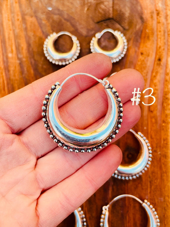 Silver Chunky Hoop Earrings / Silver Ball Detail / Ethnic / Rustic / Bohemian / Gold / Gypsy / Spiral / Hippie / Chunky / Festival / style