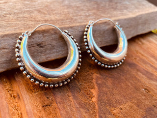 Silver Chunky Hoop Earrings Multi Size, Ethnic Beaded Hoops