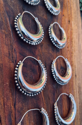 Silver Chunky Hoop Earrings Multi Size, Ethnic Beaded Hoops