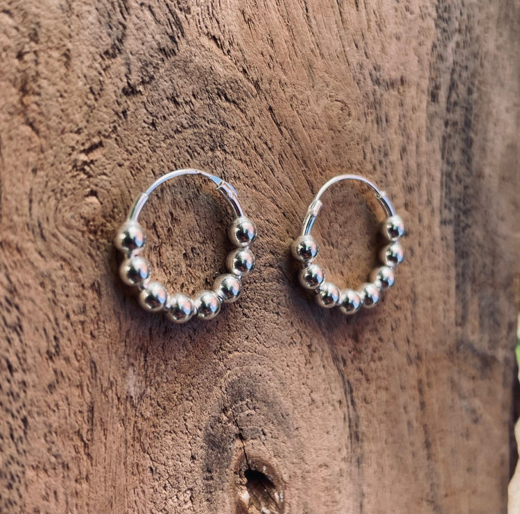 Orb Hoop Earrings Sterling Silver 925 Clicker / Pure Silver Earrings / Dainty / Ethnic Boho Bohemian Marriage Bridal Jewelry Hippie