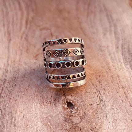 Aztec Silver Ring / Unisex / Mens / Large size / Geometric / Boho / Ethnic / Rustic / Festival / Bohemian / Hippie / Gypsy / Psy