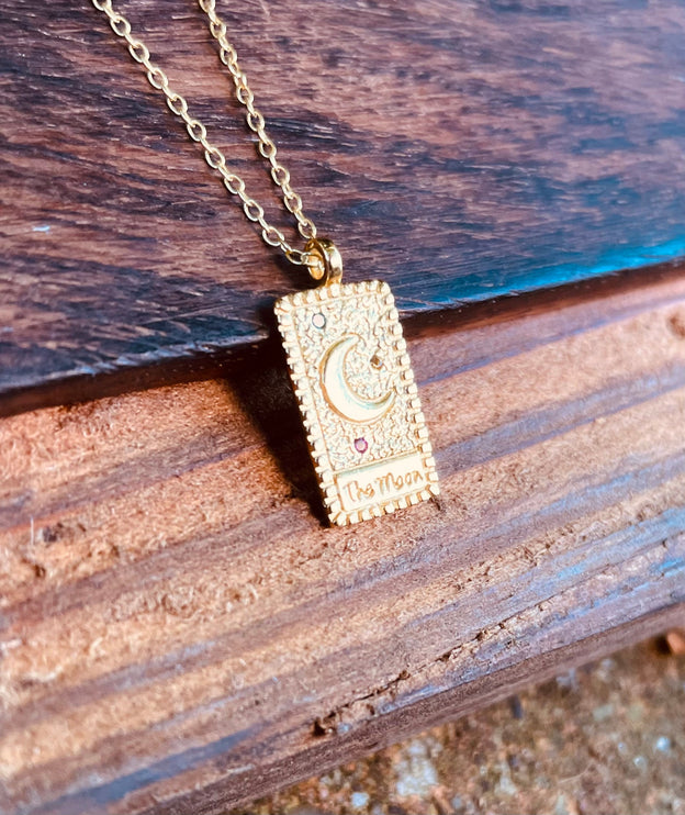 Tarot Card Gold Necklace Sterling Silver Moon Pendant / Cubic Zirconia / Delicate / Dainty Jewelery / Modern / Contemporary jewellery / Boho