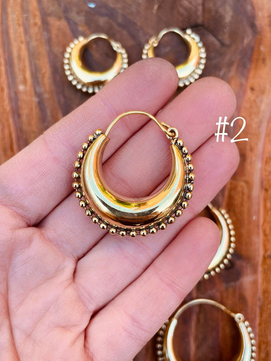 Gold Chunky Hoop Earrings / Brass Ball Detail / Ethnic / Rustic / Bohemian / Gold / Gypsy / Spiral / Hippie / Chunky / Festival / style