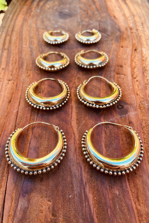 Gold Chunky Hoop Earrings / Brass Ball Detail / Ethnic / Rustic / Bohemian / Gold / Gypsy / Spiral / Hippie / Chunky / Festival / style