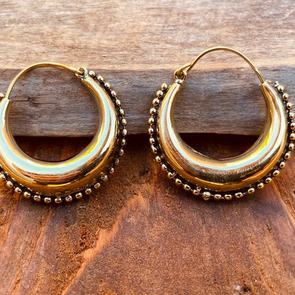 Gold Chunky Hoop Earrings / Brass Ball Detail / Ethnic / Rustic / Bohemian / Gold / Gypsy / Spiral / Hippie / Chunky / Festival / style