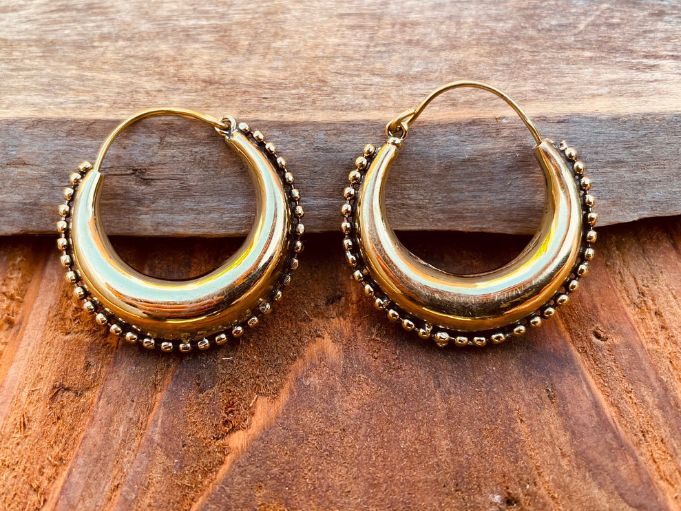 Gold Chunky Hoop Earrings / Brass Ball Detail / Ethnic / Rustic / Bohemian / Gold / Gypsy / Spiral / Hippie / Chunky / Festival / style