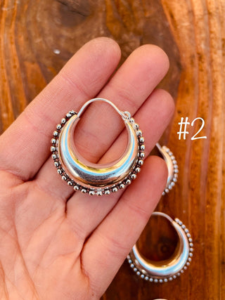 Silver Chunky Hoop Earrings Multi Size, Ethnic Beaded Hoops