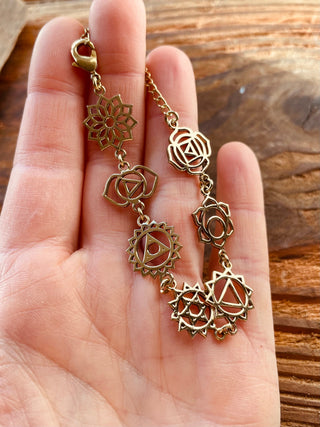 Gold Seven 7 Chakras Bracelet Brass Chain / Yoga / Reiki / Boho / Hippie / Rustic / Ethnic / Crystals / Third Eye / Illuminati
