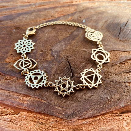 Gold Seven 7 Chakras Bracelet Brass Chain / Yoga / Reiki / Boho / Hippie / Rustic / Ethnic / Crystals / Third Eye / Illuminati