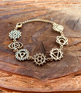 Gold Seven 7 Chakras Bracelet Brass Chain / Yoga / Reiki / Boho / Hippie / Rustic / Ethnic / Crystals / Third Eye / Illuminati