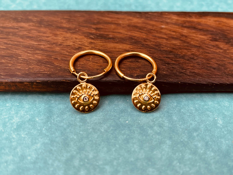 Evil Eye 14k Gold Hoops Sterling Silver 925 Earrings / Hypoallergenic Jewellery / Delicate Jewelery / Boho / Tarot / Boho / Sensitive