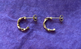 Gold Twisted Half Hoop Earrings 13mm / Pure Silver Earrings / Dainty / Ethnic Boho Bohemian Marriage Bridal Jewelry Hippie