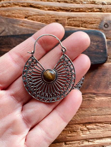 Tiger Eye & Silver Hoop Earrings Ethnic, rustic, yoga, hippie, gypsy, pretty, psy, boho, bohemian, festival