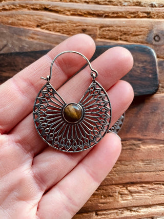 Tiger Eye & Silver Hoop Earrings Ethnic, rustic, yoga, hippie, gypsy, pretty, psy, boho, bohemian, festival