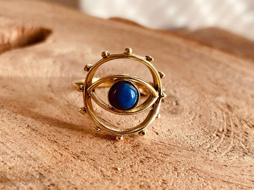 Golden Eye Lapis Lazuli Ring / Unique Gemstone Ring / Unisex Ring / Illuminati / Third Eye / Boho / Ethnic / Rustic / Gypsy / Psy / Thumb