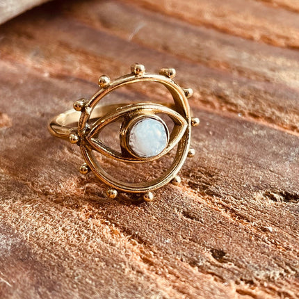 Golden Eye Moonstone Ring / Unique Gemstone Ring / Unisex Ring / Illuminati / Third Eye / Boho / Ethnic / Rustic / Gypsy / Psy / Thumb