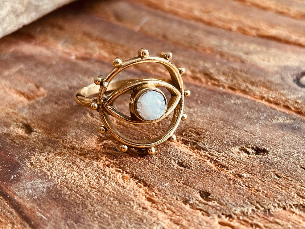 Golden Eye Moonstone Ring / Unique Gemstone Ring / Unisex Ring / Illuminati / Third Eye / Boho / Ethnic / Rustic / Gypsy / Psy / Thumb