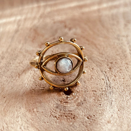 Golden Eye Moonstone Ring / Unique Gemstone Ring / Unisex Ring / Illuminati / Third Eye / Boho / Ethnic / Rustic / Gypsy / Psy / Thumb