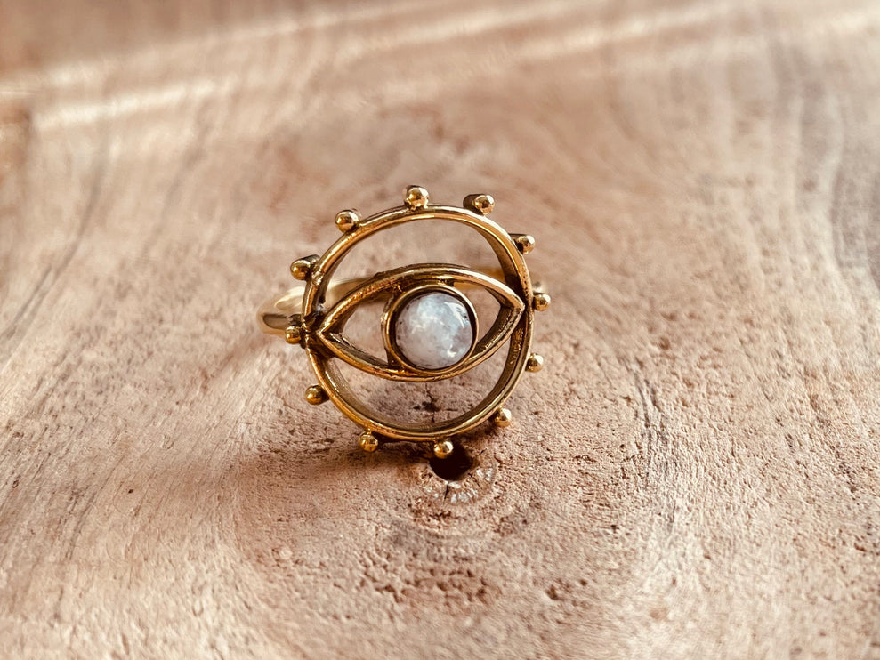 Golden Eye Moonstone Ring / Unique Gemstone Ring / Unisex Ring / Illuminati / Third Eye / Boho / Ethnic / Rustic / Gypsy / Psy / Thumb