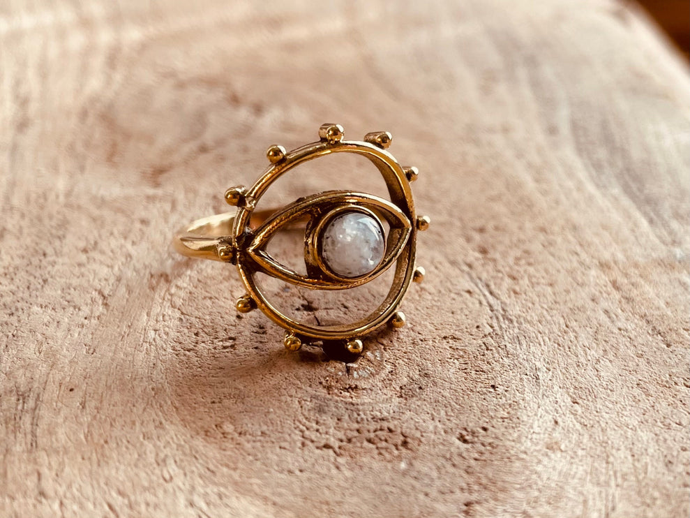 Golden Eye Moonstone Ring / Unique Gemstone Ring / Unisex Ring / Illuminati / Third Eye / Boho / Ethnic / Rustic / Gypsy / Psy / Thumb