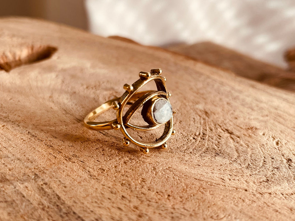 Golden Eye Moonstone Ring / Unique Gemstone Ring / Unisex Ring / Illuminati / Third Eye / Boho / Ethnic / Rustic / Gypsy / Psy / Thumb