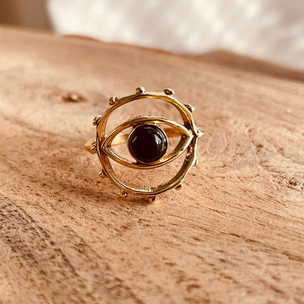 Golden Eye Black Onyx Ring / Unique Gemstone Ring / Unisex Ring / Illuminati / Third Eye / Boho / Ethnic / Rustic / Gypsy / Psy / Thumb