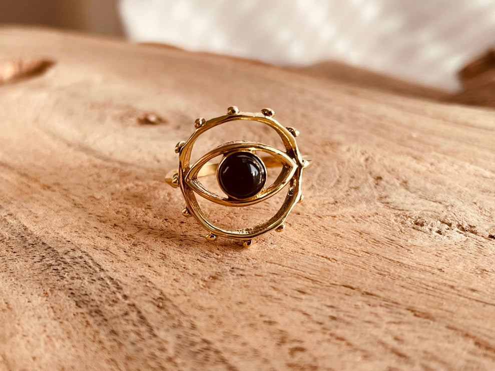 Golden Eye Black Onyx Ring / Unique Gemstone Ring / Unisex Ring / Illuminati / Third Eye / Boho / Ethnic / Rustic / Gypsy / Psy / Thumb